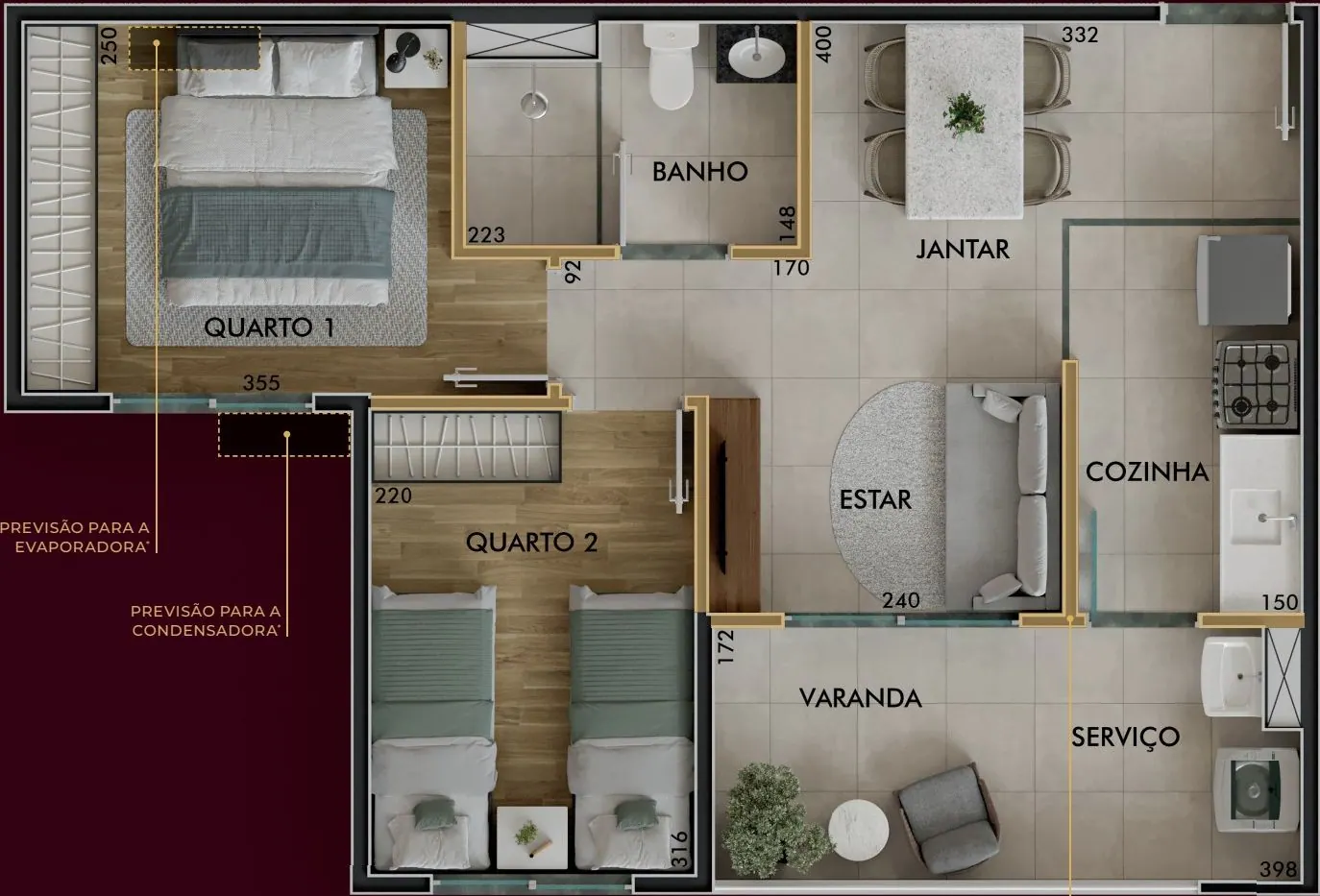 Planta de 45,97 m² com 2 dormitórios e varanda do Sinfonia Santo Amaro
