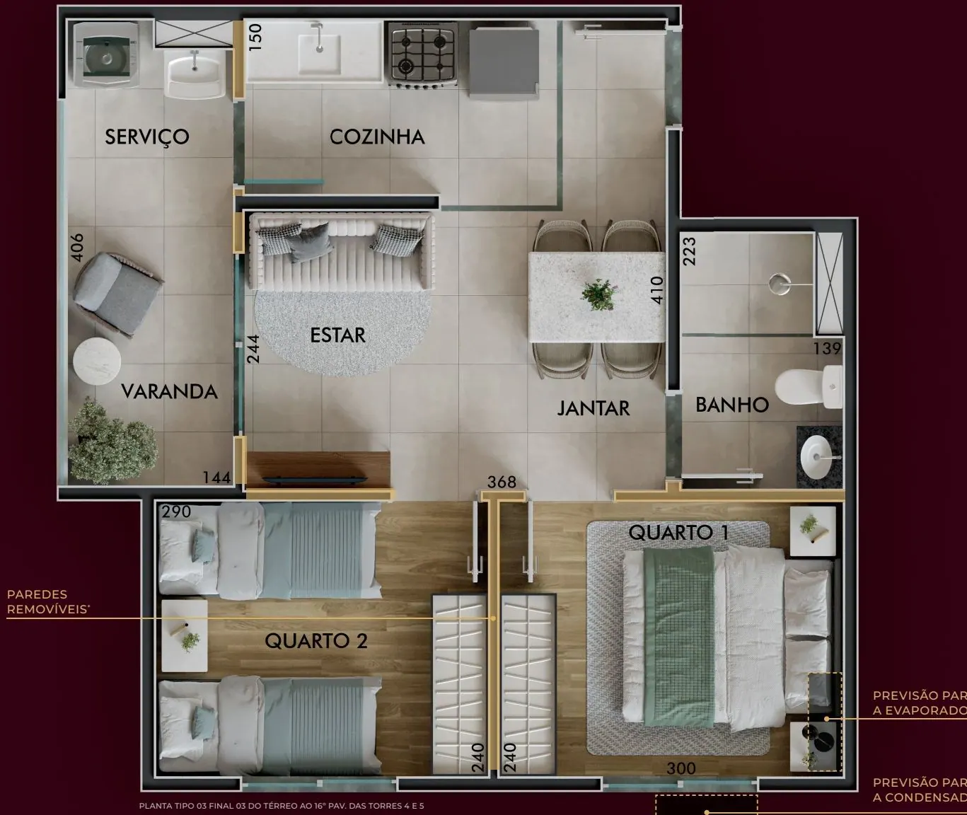 Planta de 41,73 m² com 2 dormitórios e varanda do Sinfonia Santo Amaro