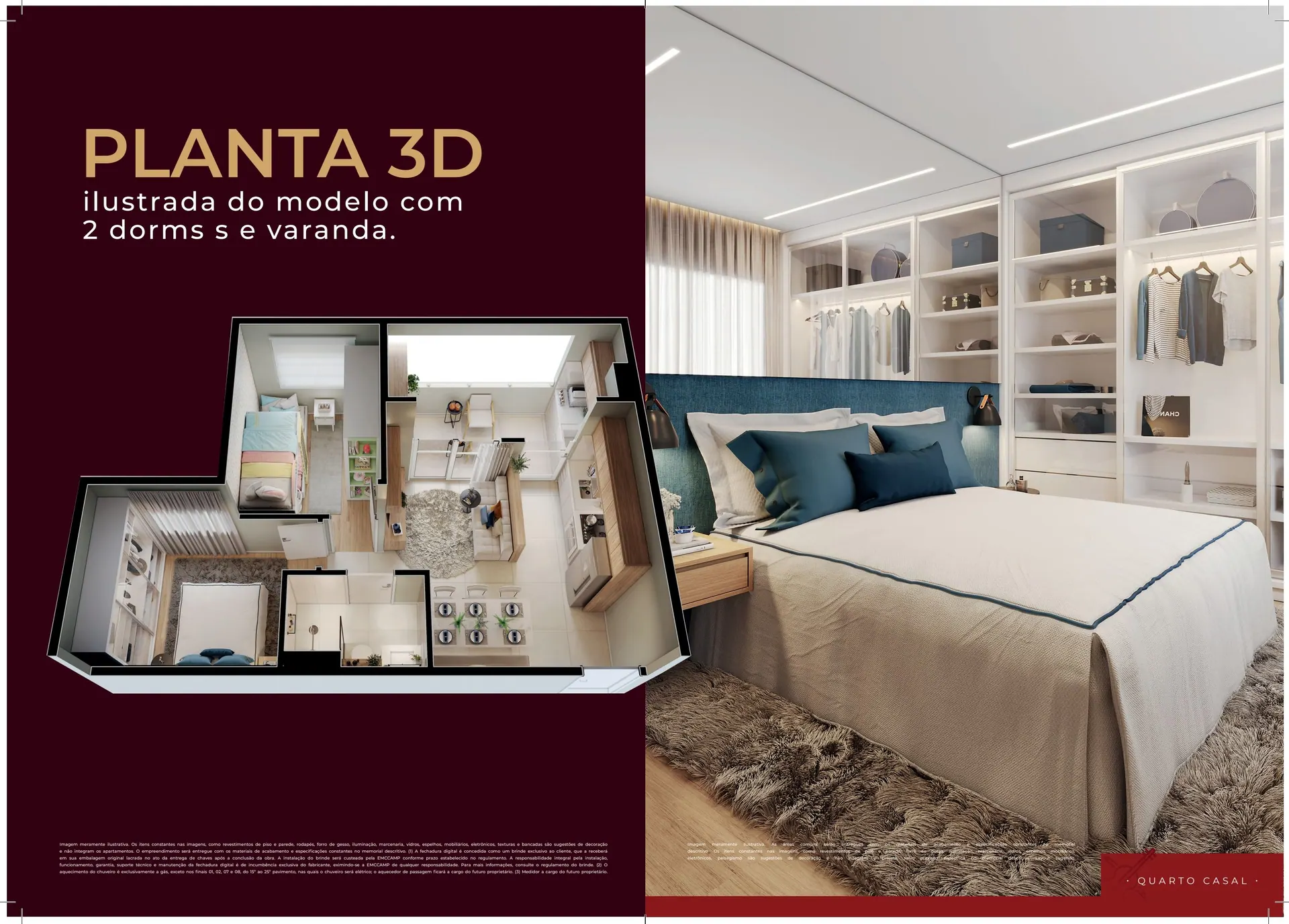 Planta 3D do apartamento do Sinfonia Santo Amaro com 2 dormitórios e varanda